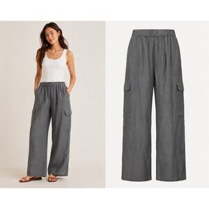 C&C California Cargo Pants Size M Grey Linen Wide Leg Elastic Waist Lagenlook